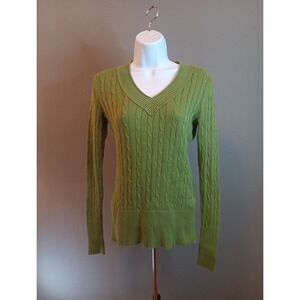Ann Taylor Loft Wmn's Green Cable Knit Pullover V Neck Sweater Slim Fit Sz Xs